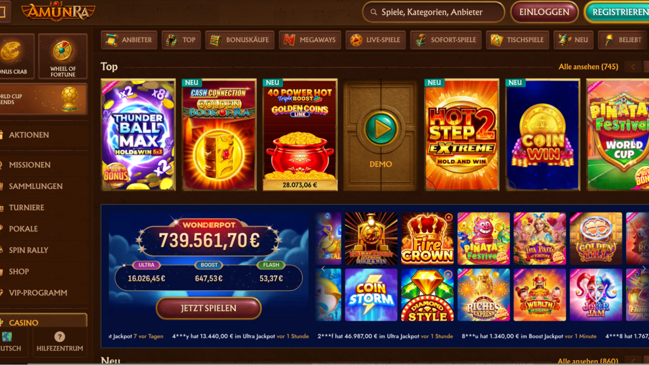 AmunRa Casino Screenshot der AmunRa Casino-Startseite im Ägypten-Stil