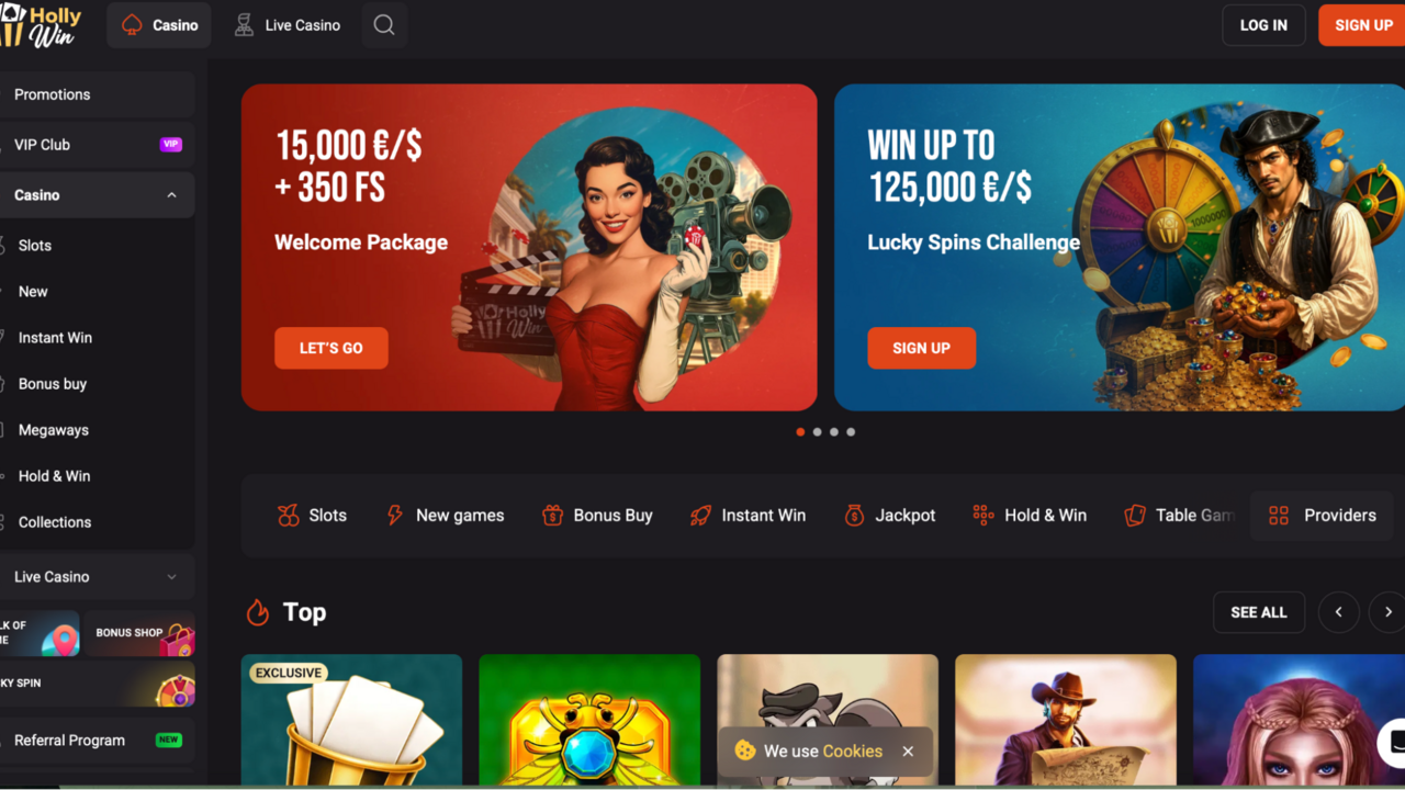 HollyWin Casino Screenshot der HollyWin Casino-Startseite im Hollywood-Stil