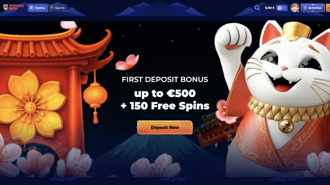 ManekiSpin Casino Screenshot der ManekiSpin Casino-Startseite mit Maneki-Cat-Maskottchen und Welcome-Bonus