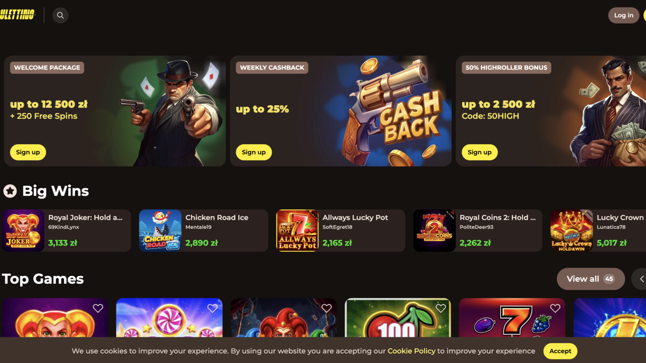 Roulettino Casino Screenshot der Roulettino Casino-Startseite im 1920er-Speakeasy-Stil