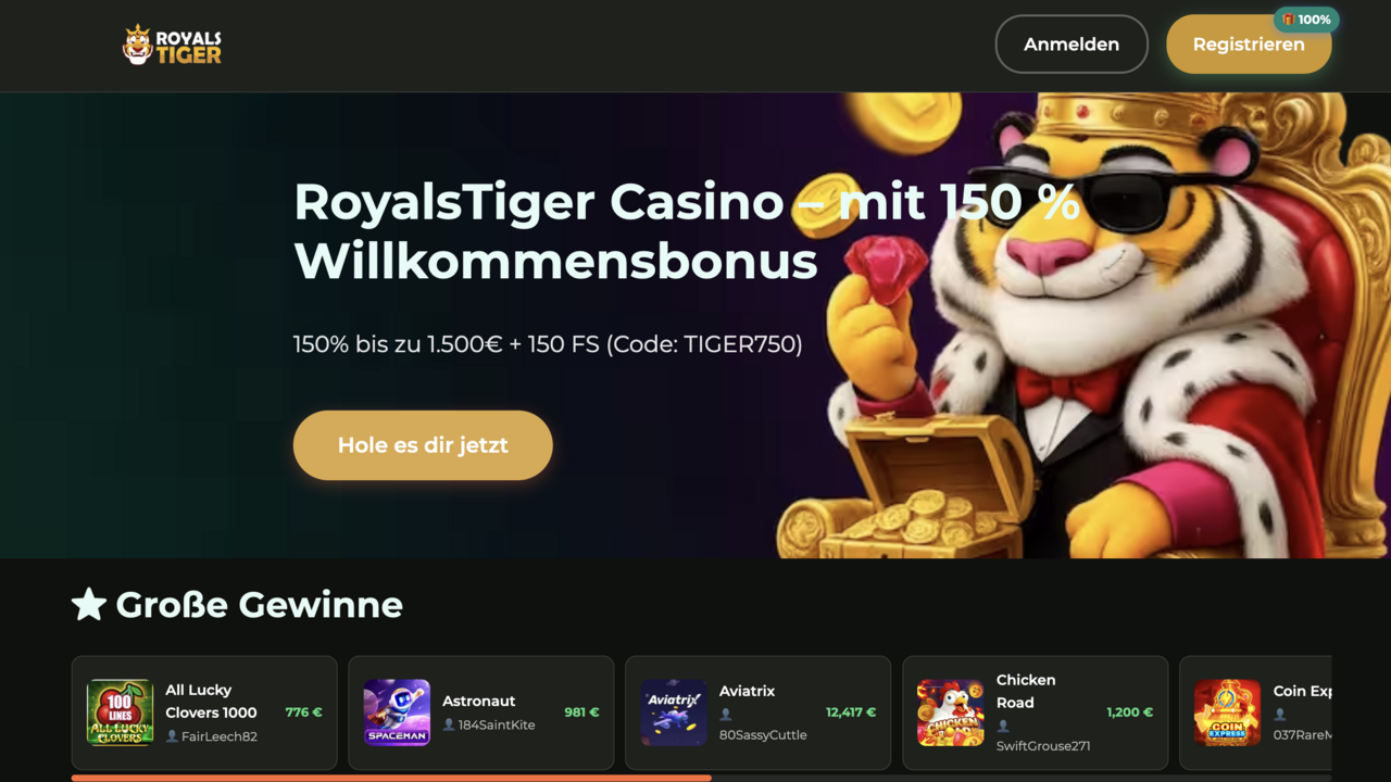 Royals Tiger Casino Screenshot der Royals Tiger Casino-Startseite