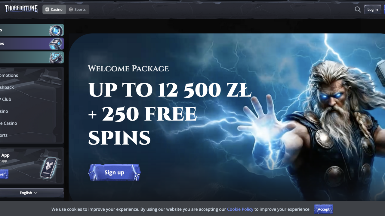 Thor Fortune Casino Screenshot der Thor Fortune Casino-Startseite mit nordischer Götterwelt